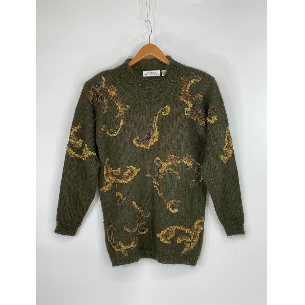 Vtg Ellen Tracy Womens Sweater M Mohair Blend Green Wimpsygoth Abstract Fallcore